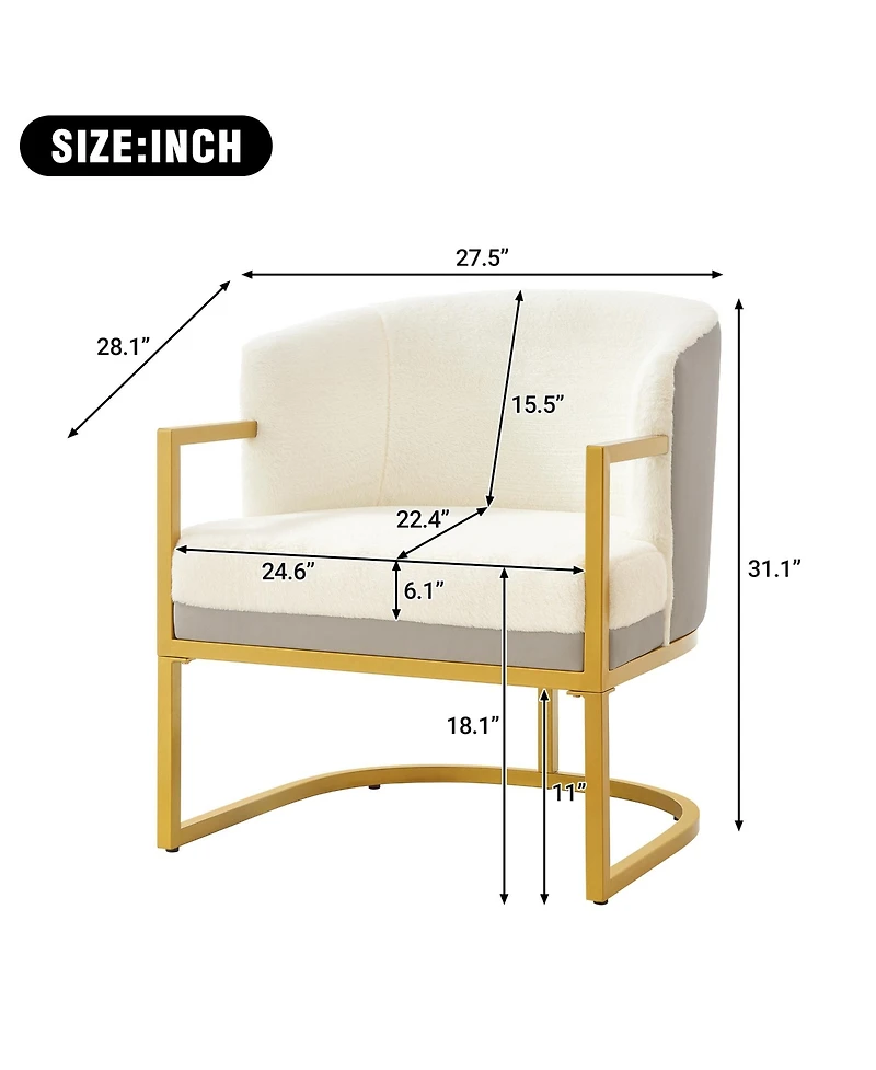 Rainsken Accent Chair, Upholstered Faux Rabbit Fur Armchair with Gold Metal Frame and Curved Backrest for Living Room, Bedroom