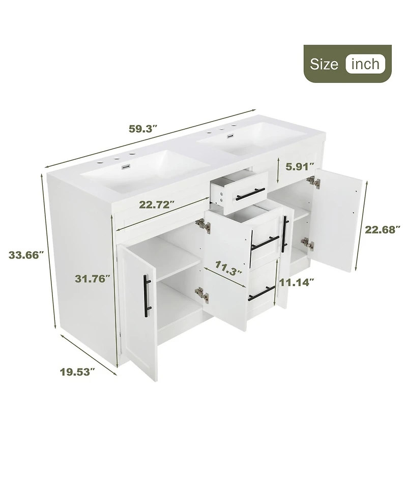 Sillysis 59.3" Double Sink Bathroom Vanity with Smc Integrated Basin, Soft Close Drawers & Adjustable Shelf for Large Bathrooms