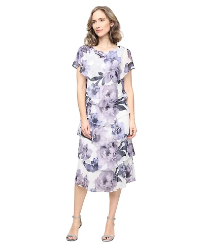 Sl Fashions Women's Printed Crewneck Tiered Midi Dress