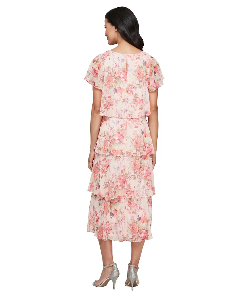 Sl Fashions Petite Crewneck Floral-Print Tiered Midi Dress
