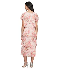 Sl Fashions Petite Crewneck Floral-Print Tiered Midi Dress