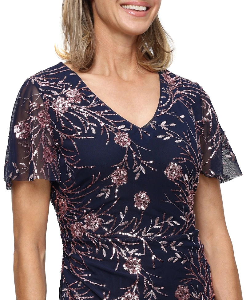 Sl Fashions Petite V-Neck Floral Sequin A-Line Dress