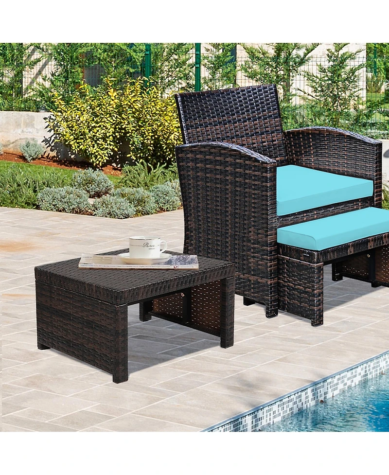 Gymax Set of 2 Rattan Ottoman Footrest Footstool Patio Furniture w/ White Cushion