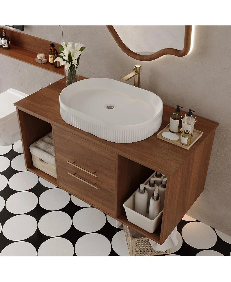 Sillysis 39.4" Wall-Mount Bathroom Vanity with Oval Ceramic Sink, Walnut Solid Wood Floating Cabinet & Soft-Close Drawers