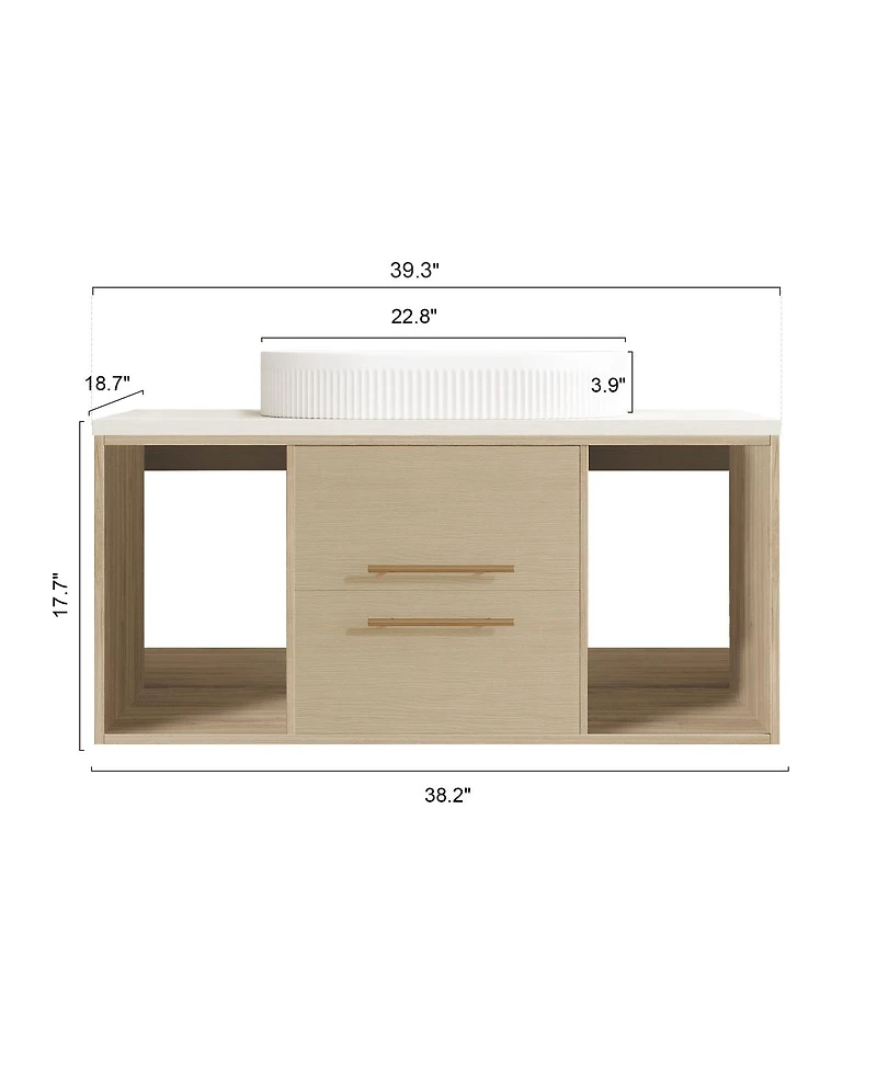 Sillysis 39.3" Modern Wall-Mount Bathroom Vanity with Oval Ceramic Sink, Solid Wood Floating Cabinet & Soft-Close Drawers