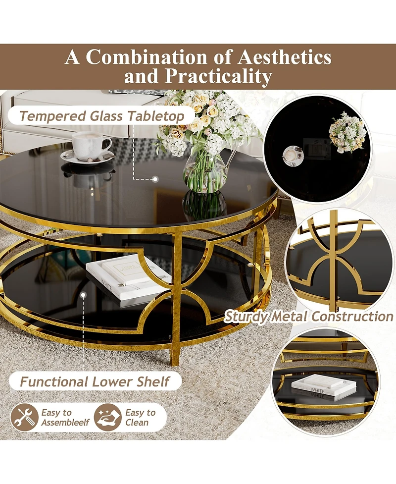 Rainsken Round Tempered Glass Coffee Table, Modern 2-Tier Center Table, Luxurious Geometric Metal Frame for Living Room