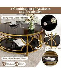 Rainsken Round Tempered Glass Coffee Table, Modern 2-Tier Center Table, Luxurious Geometric Metal Frame for Living Room