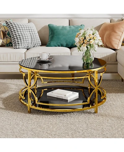 Rainsken Round Tempered Glass Coffee Table, Modern 2-Tier Center Table, Luxurious Geometric Metal Frame for Living Room