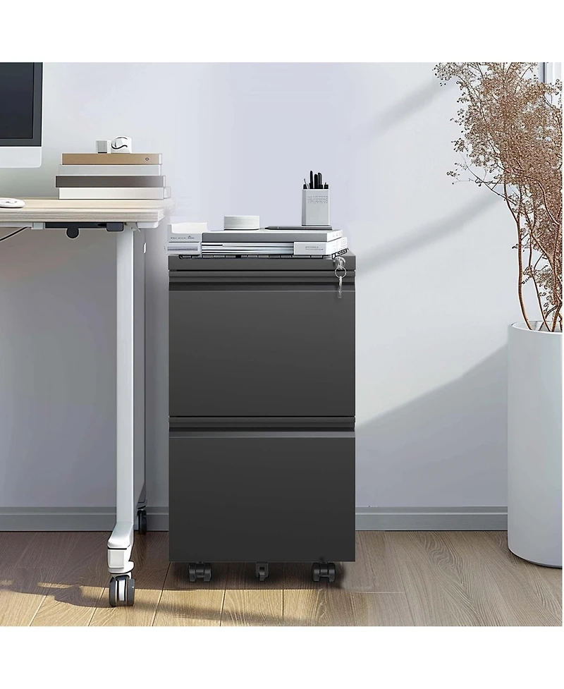 Rainsken 2 Drawer File Cabinet with Lock, Under Desk Rolling Filing Cabinet with Wheels for Home Office Storage