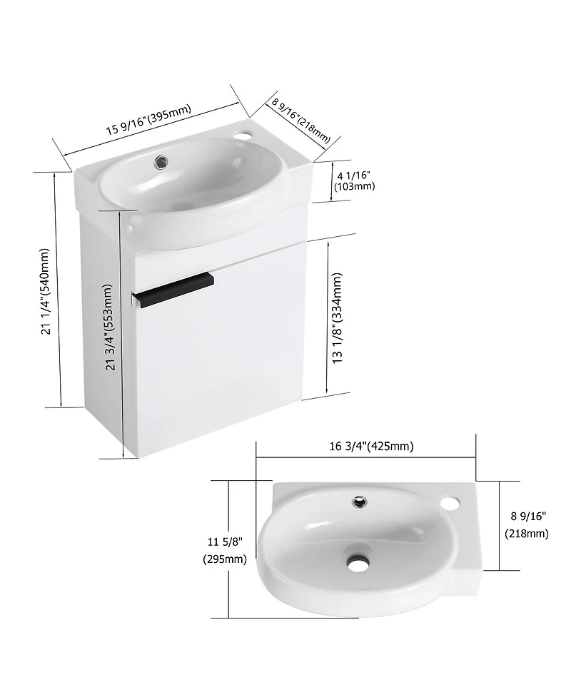 Sillysis 17" Wall-Mounted Modern Bathroom Vanity with Ceramic Sink, Black Chestnut Plywood Cabinet & Soft Close Door for Small Spaces