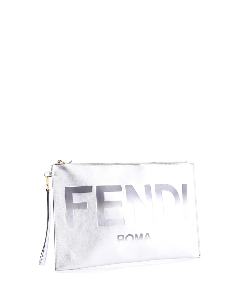Pre-Owned Fendi Large Logo Flat Wristlet Pouch Embossed Leather