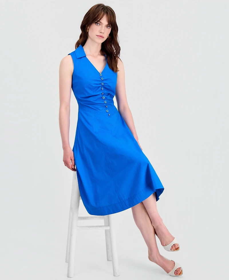 Tahari Asl Women's Collared Ruched-Front Sleeveless Dress
