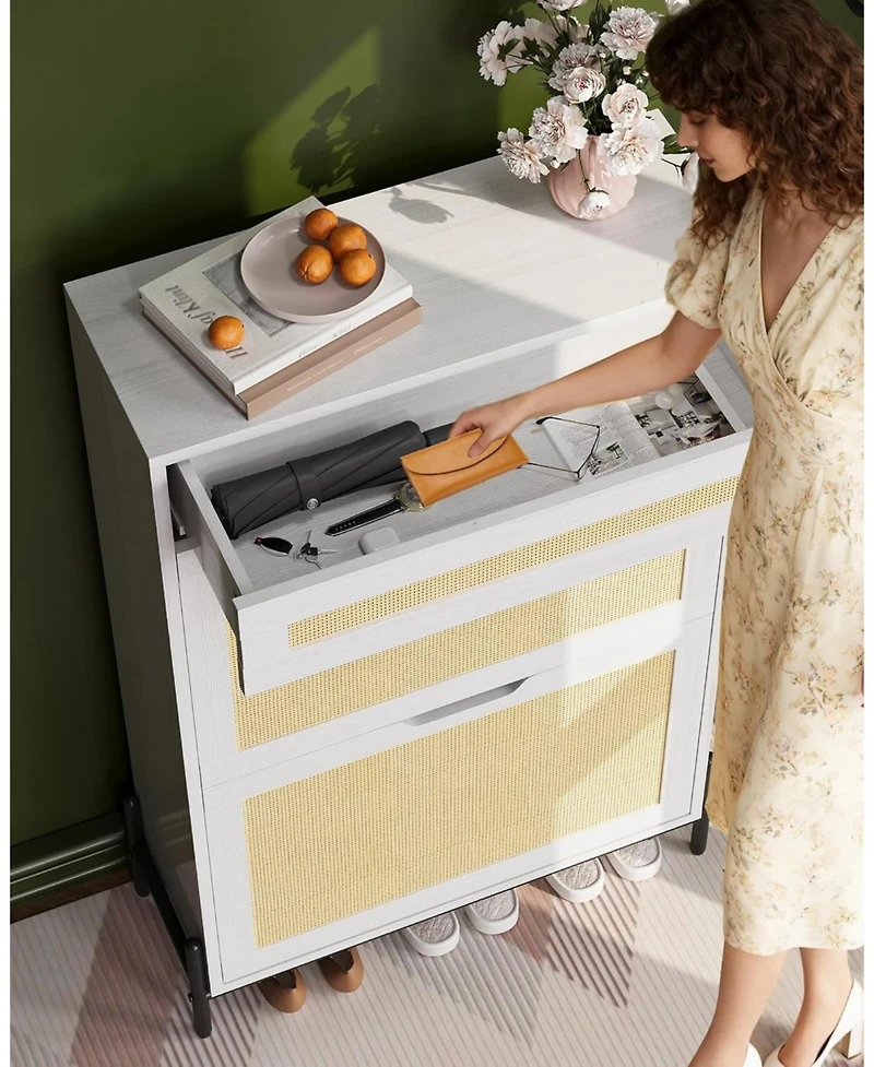 Gaomon Rattan Shoe Cabinet Storage with 2 Flip Drawers & Top Drawer, Freestanding Organizer Wooden Slim Rack Adjustable Shelves