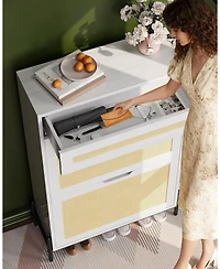 Gaomon Rattan Shoe Cabinet Storage with 2 Flip Drawers & Top Drawer, Freestanding Organizer Wooden Slim Rack Adjustable Shelves