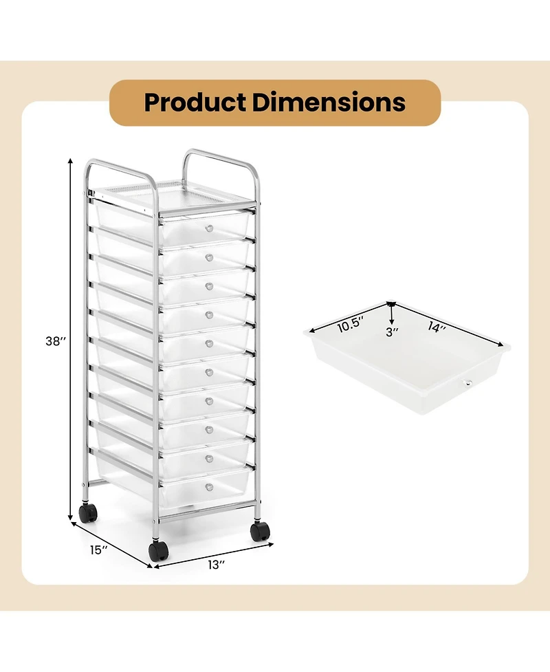 Sugift Ten Drawer Rolling Storage Cart with Metal Frame and Casters