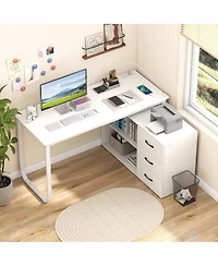 Sugift 55 in Reversible L Shaped Desk with Drawers and Storage Shelf