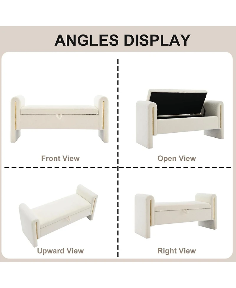 Rainsken Upholstered Storage Ottoman, Modern Teddy End of Bed Bench, Window Storage Stool with Arms for Living Room