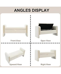 Rainsken Upholstered Storage Ottoman, Modern Teddy End of Bed Bench, Window Storage Stool with Arms for Living Room