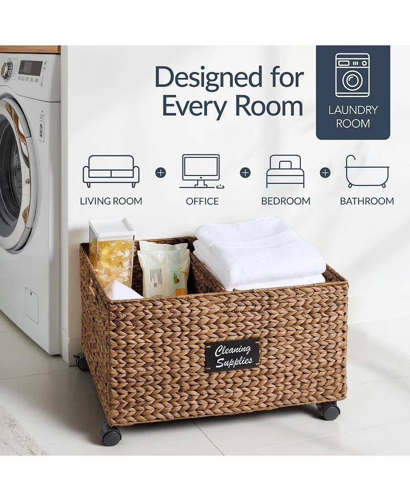 Best Choice Products Rolling Pantry Storage Basket Organizer W/ Chalkboard Label, Handles, Removable Divider - Chestnut