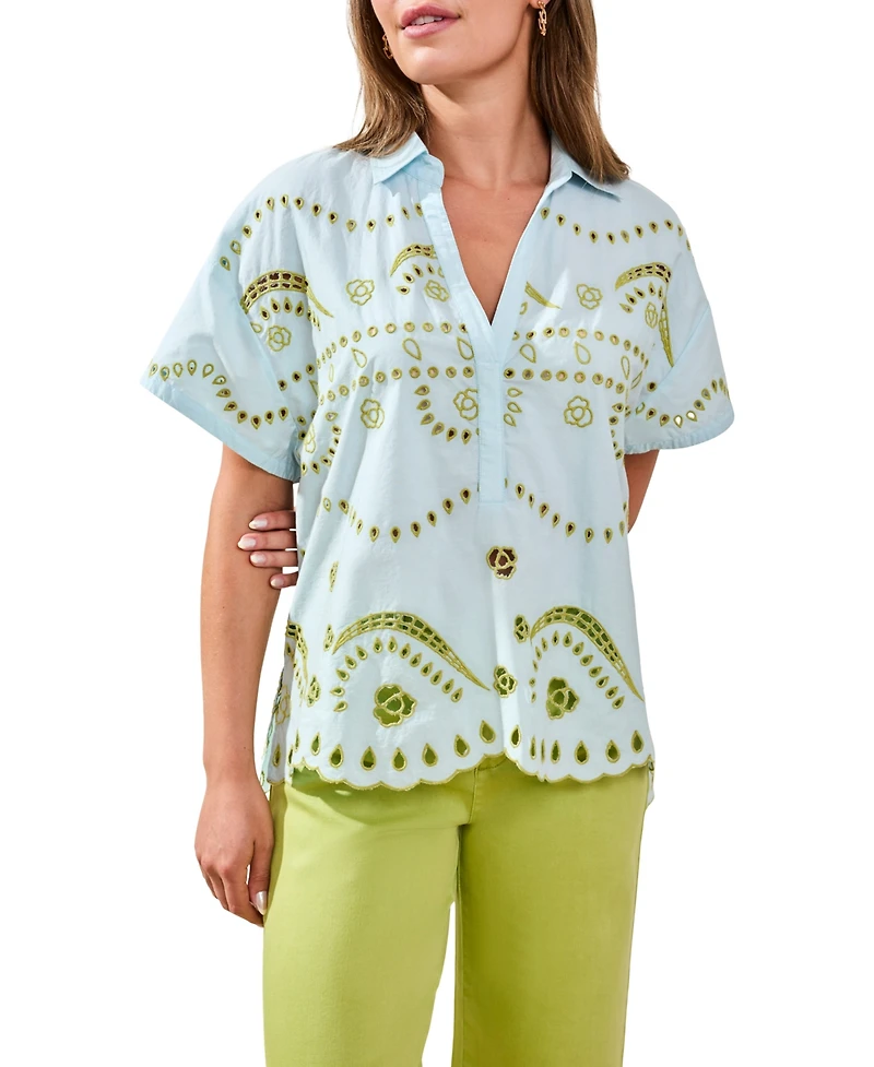 Tribal Women's Embroidered Poplin Short-Sleeve Top