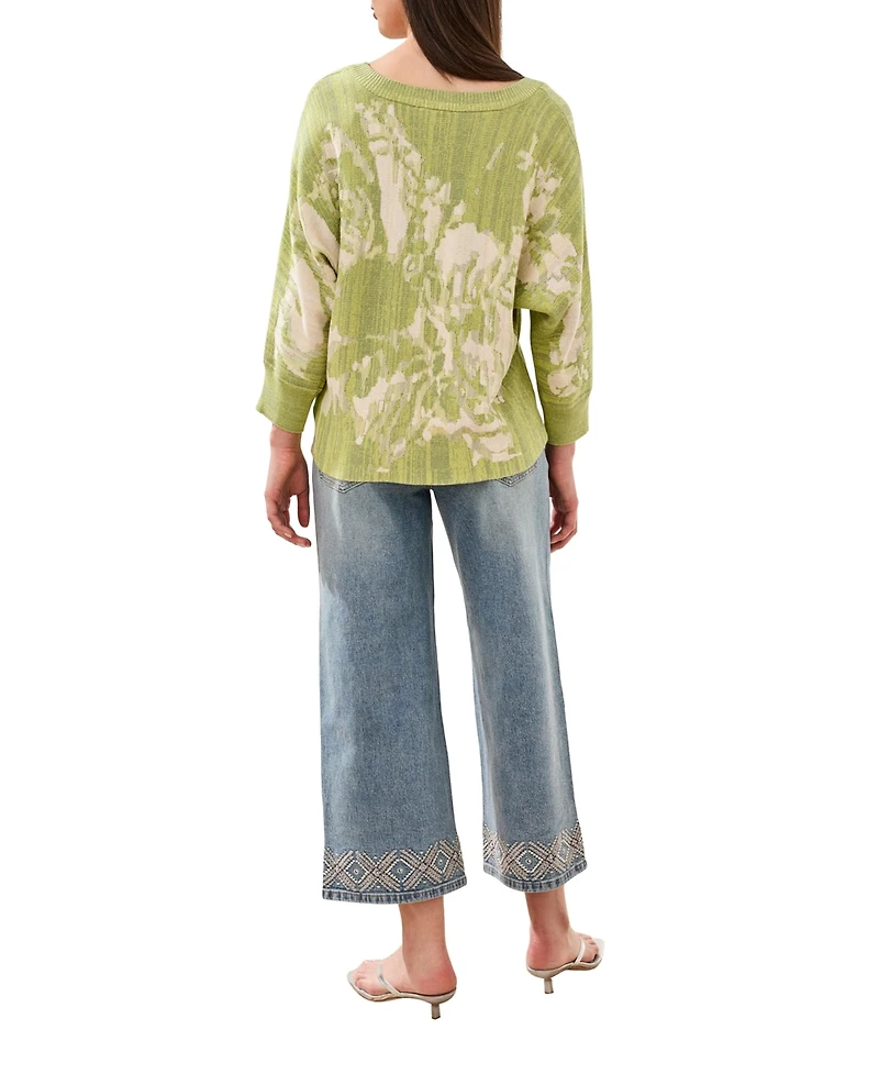 Tribal Women's U-Neck Jacquard Three-Quarter-Sleeve Sweater