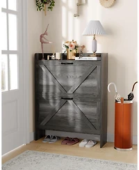 Homfan Slim Entrance Hallway Shoe Rack with 2 Folding Drawers - Adjustable Shelves Metal Legs Modern Space Saving Design Capacity 12-16 Pairs