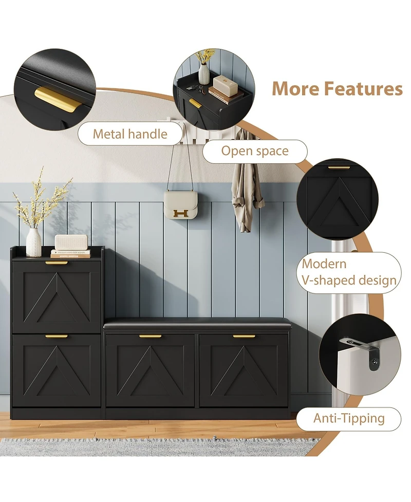 Homfan Farmhouse Entryway Shoe Cabinet with Bench and 4 Flip Drawers, Comfort Cushioned Storage Bench, Freestanding Organizer