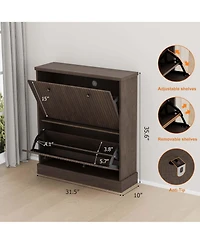 Homfan Fluted Shoe Cabinet with 2 Flip Drawers, Hidden Wooden Adjustable Shelf, Freestanding Storage