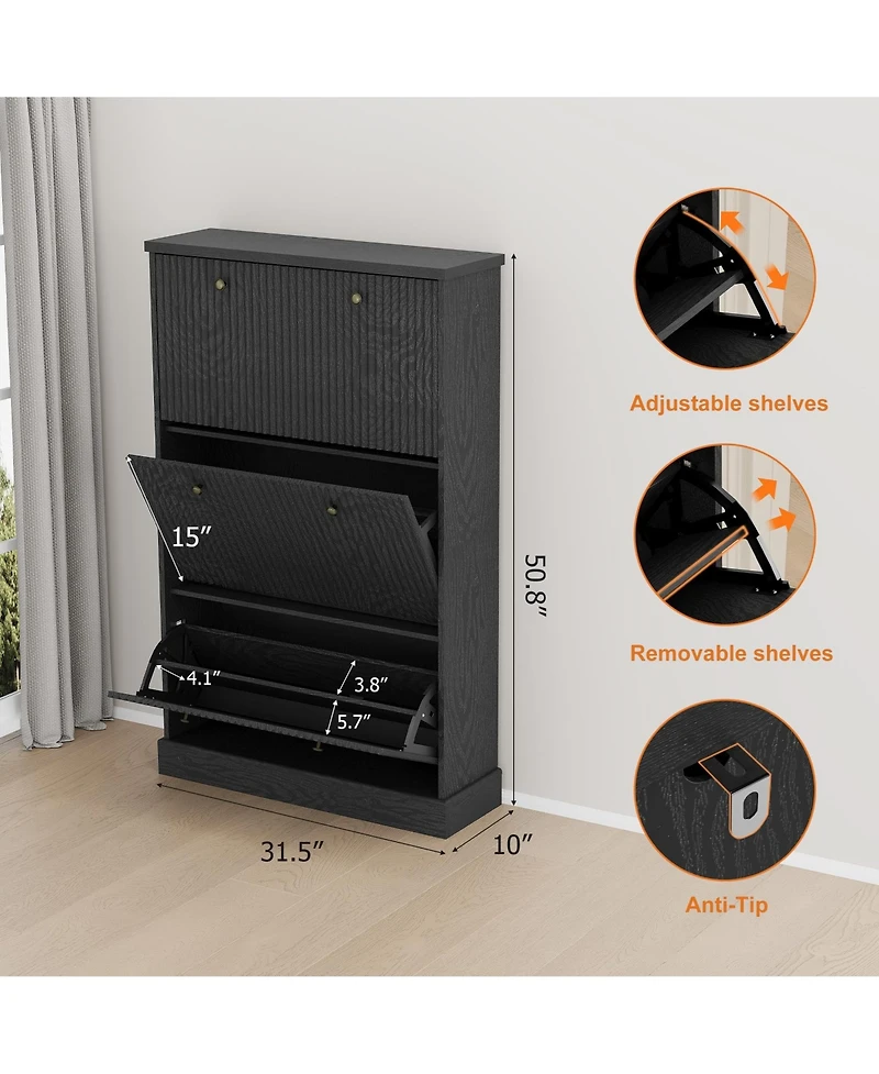Homfan Fluted Shoe Cabinet Storage with 3 Flip Drawers, Wooden Narrow Organizer Adjustable and Removable Shelves