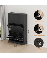 Homfan Fluted Shoe Cabinet Storage with 3 Flip Drawers, Wooden Narrow Organizer Adjustable and Removable Shelves