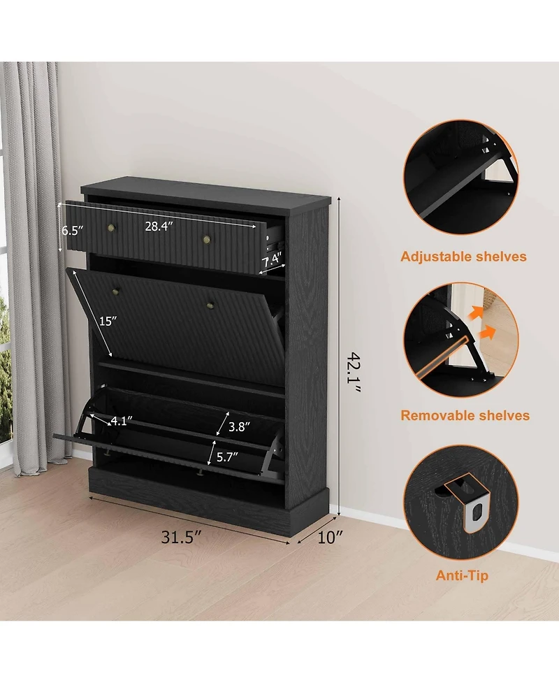 Homfan Fluted Shoe Storage Cabinet with 2 Flip Drawers and Top Drawer, 42" Tall Narrow Organizer, Curved Profile Design
