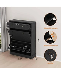 Homfan Fluted Shoe Storage Cabinet with 2 Flip Drawers and Top Drawer, 42" Tall Narrow Organizer, Curved Profile Design