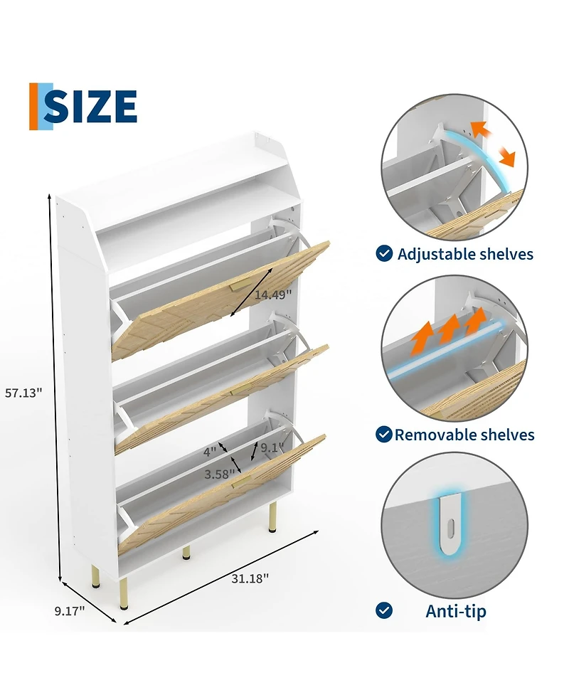 Homfan Shoe Cabinet with 3 Flip Drawers, Hidden Shoe Storage Cabinet with Shelf, Slim Wood Shoe Organizer for Hallway and Entryway, Space Saving