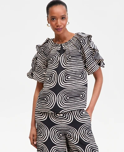 I.n.c. International Concepts Women's Printed Ruffle-Sleeve Top, Macy's Exclusive