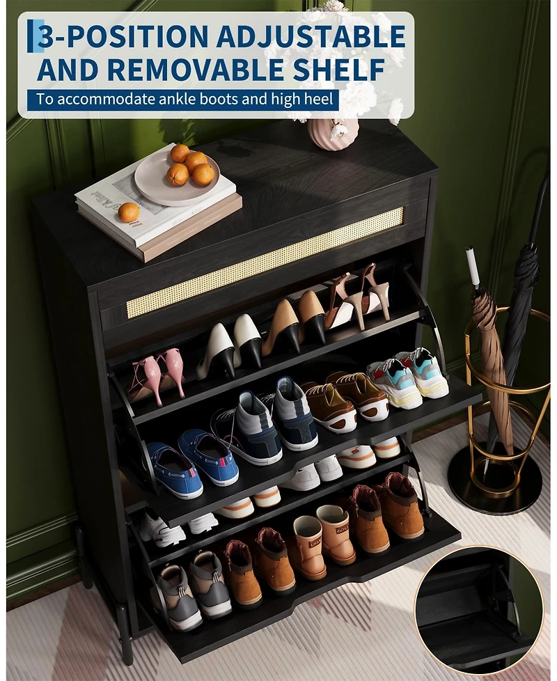 Homfan Rattan Shoe Cabinet Storage with 2 Flip Drawers and Top Drawer, Freestanding Organizer Wooden Slim Rack