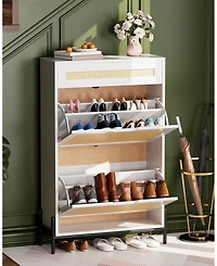 Homfan Rattan Shoe Cabinet Storage with 2 Flip Drawers and Top Drawer, Freestanding Shoe Organizer Wooden Slim Shoe Rack Storage