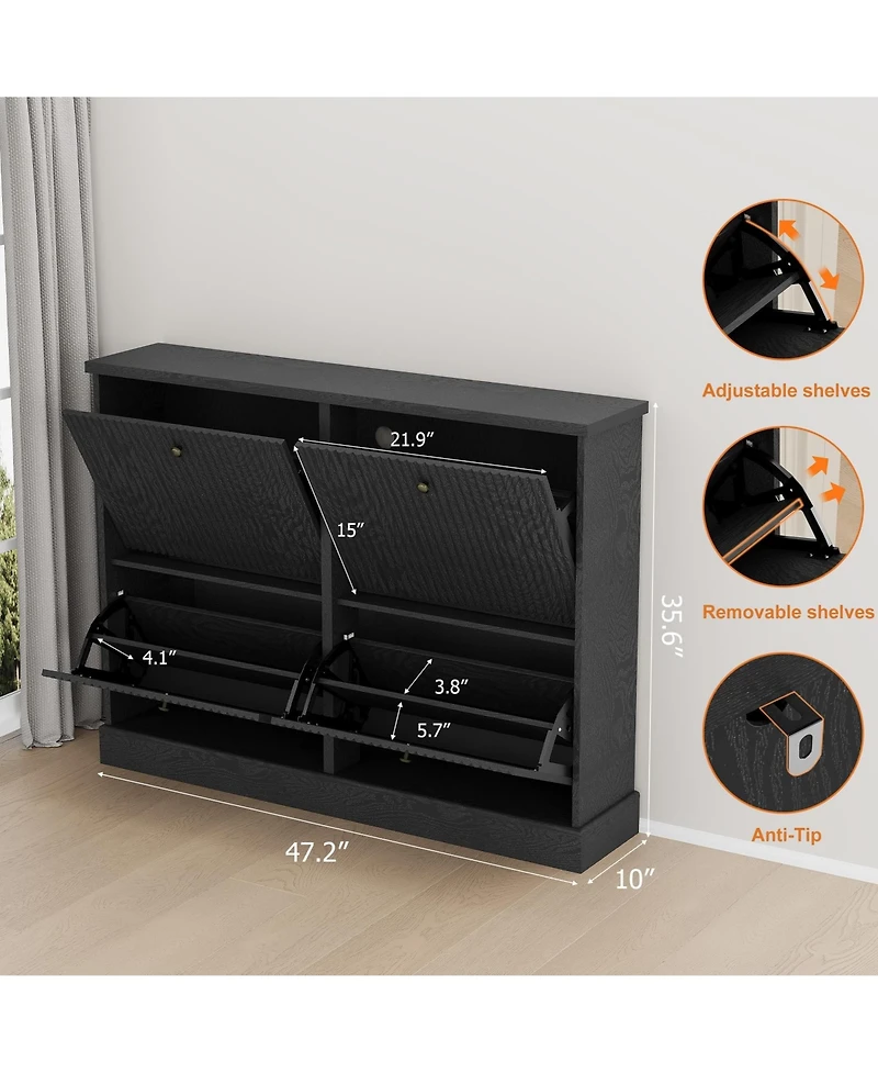 Homfan Shoe Cabinet with 4 Flip Drawers,Freestanding Adjustable Shelves and Thicken Top, Fluted Design, Wooden Narrow Organizer