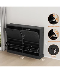 Homfan Shoe Cabinet with 4 Flip Drawers,Freestanding Adjustable Shelves and Thicken Top, Fluted Design, Wooden Narrow Organizer