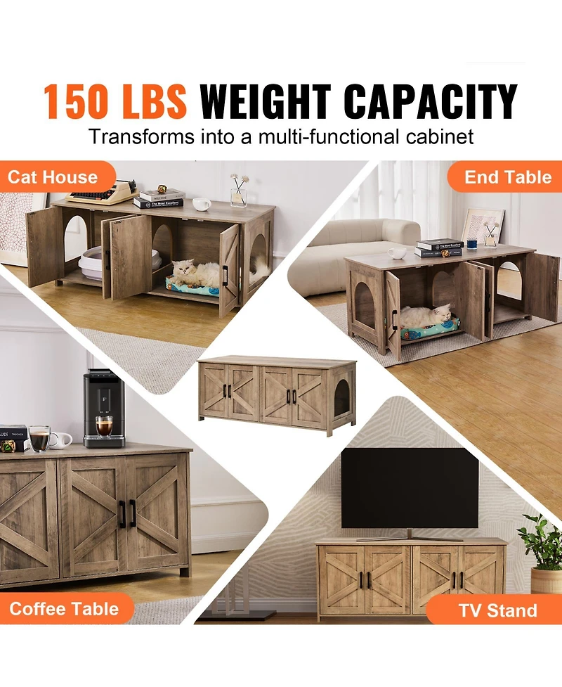 Zeus and Ruta Wooden Cat Litter Box Enclosure Hidden 2 Rooms Modern Litter Box Furniture Greige