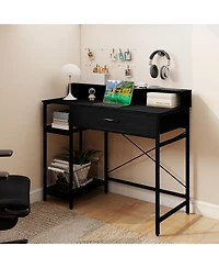 Sugift Computer Desk with Power Outlets Hutch Drawer and Open Shelves