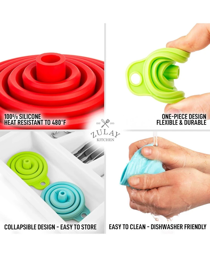 Zulay Kitchen Silicone Space Saving Collapsible Funnel Set With Narrow Mouth