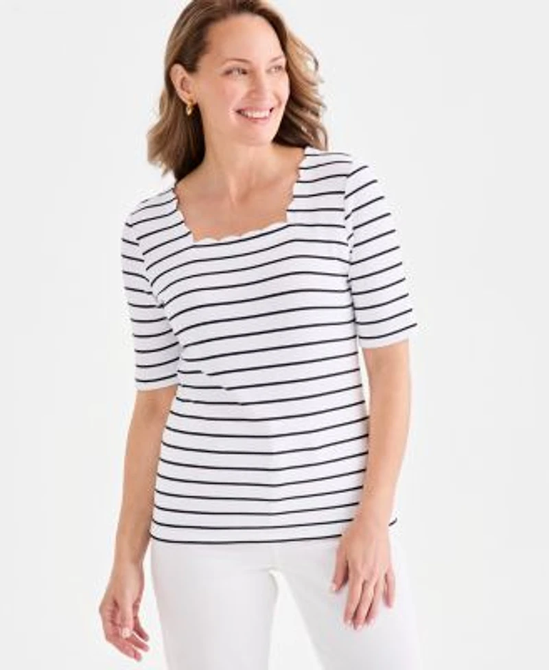 Style Co Womens Striped Scalloped Square Neck Top Macys Exclusive