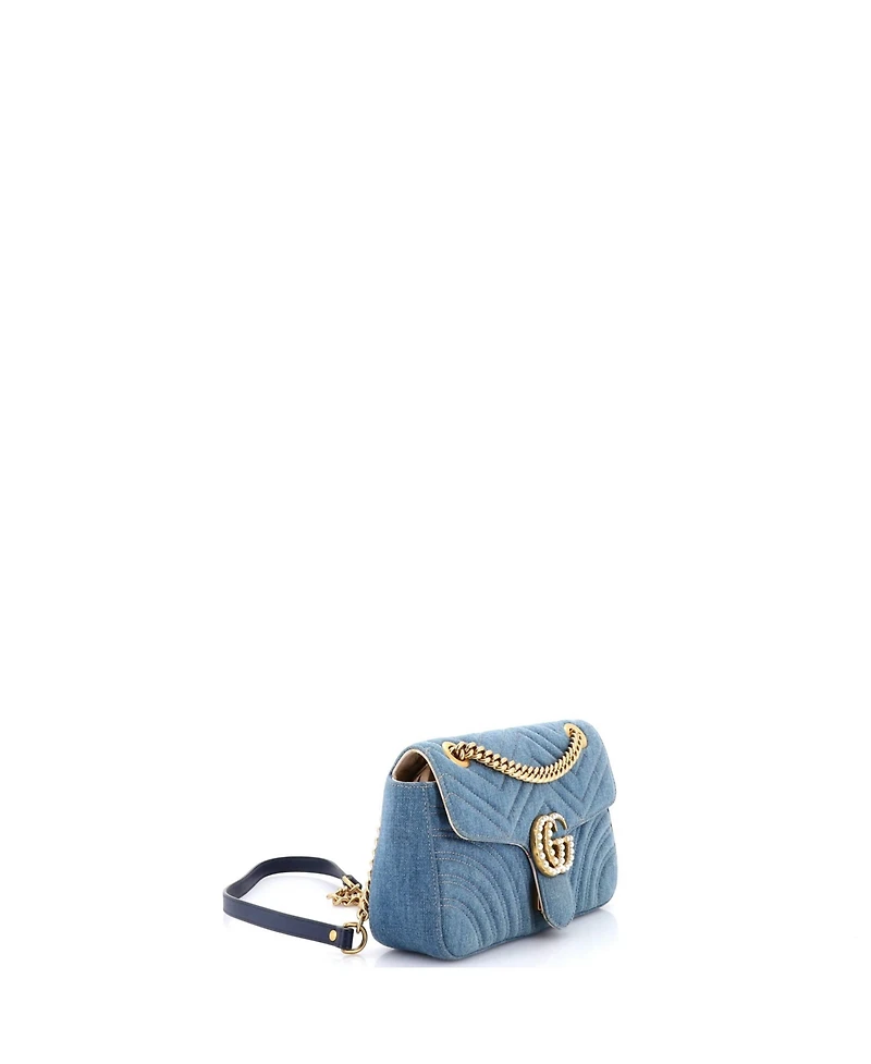 Pre-Owned Gucci Small Pearly Gg Marmont Flap Bag Matelasse Denim