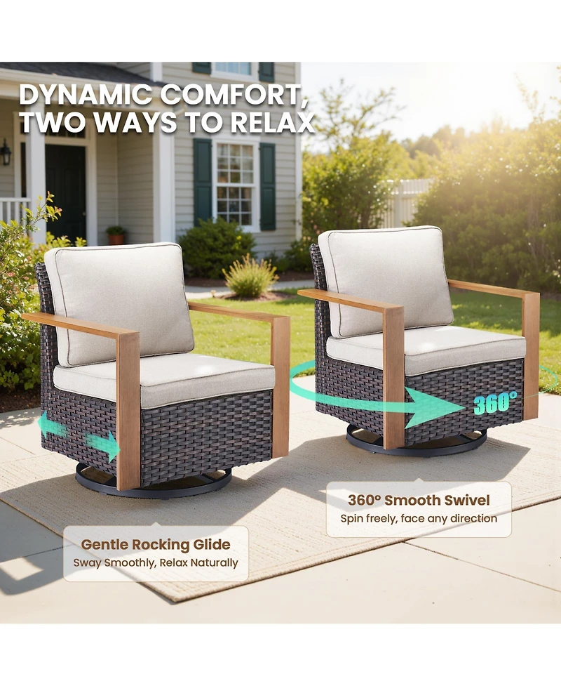 Gymojoy 5-piece patio set with 4 swivel rattan chairs, thick cushions, and a 30-inch propane fire pit table for cozy outdoor gatherings.