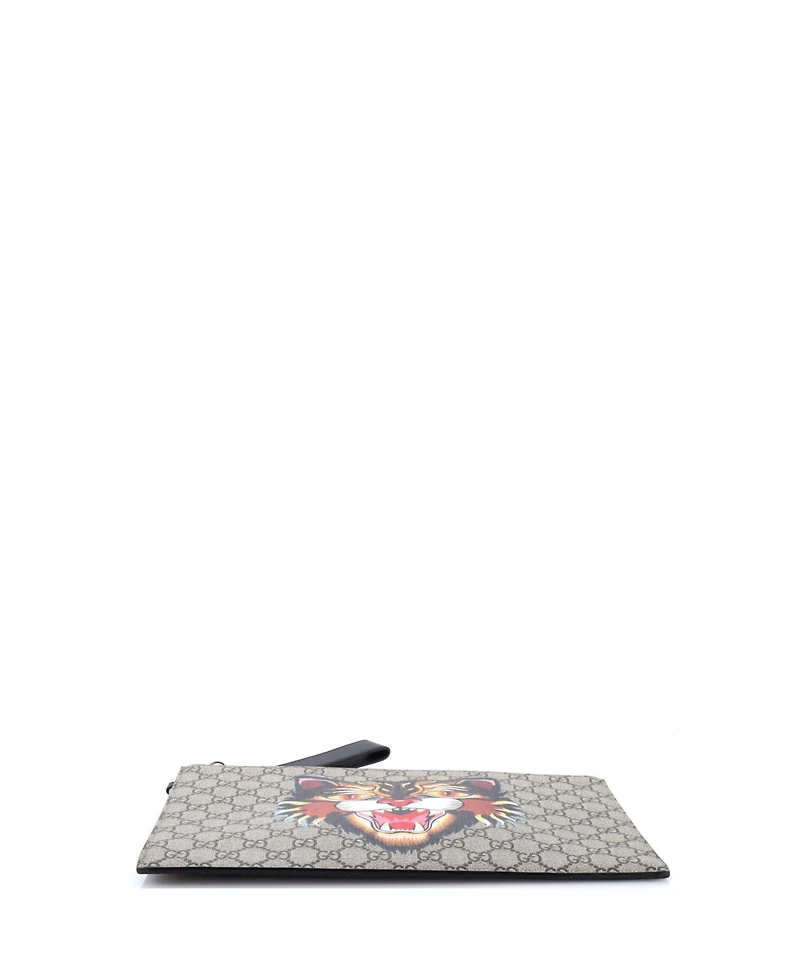 Pre-Owned Gucci Large Zipped Pouch Angry Cat Gg Coated Canvas