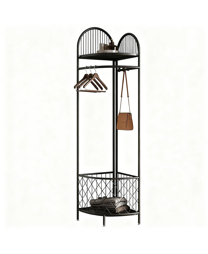 Yigii Space-saving Metal Corner Coat Rack with Hooks and Basket