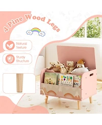 Sugift Kids Wooden Toy Box with Front Bookshelf and Solid Wood Legs