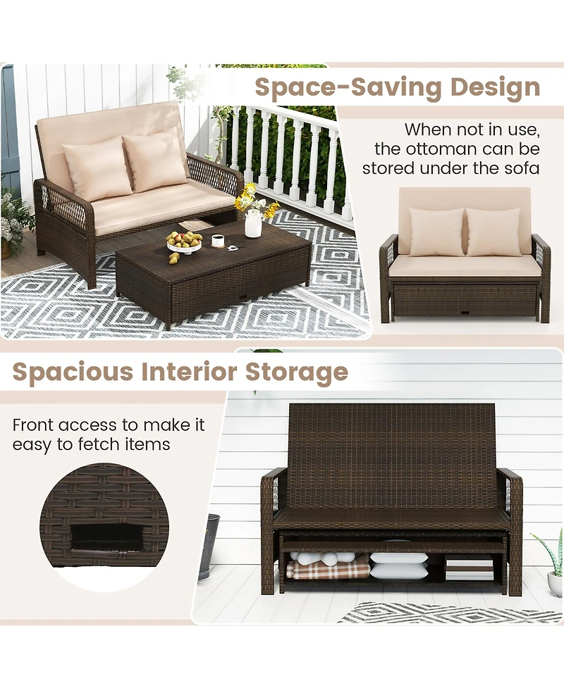 Gymax Patio Rattan Daybed Wicker Loveseat Sofa w/ Multifunctional Ottoman