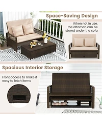 Gymax Patio Rattan Daybed Wicker Loveseat Sofa w/ Multifunctional Ottoman