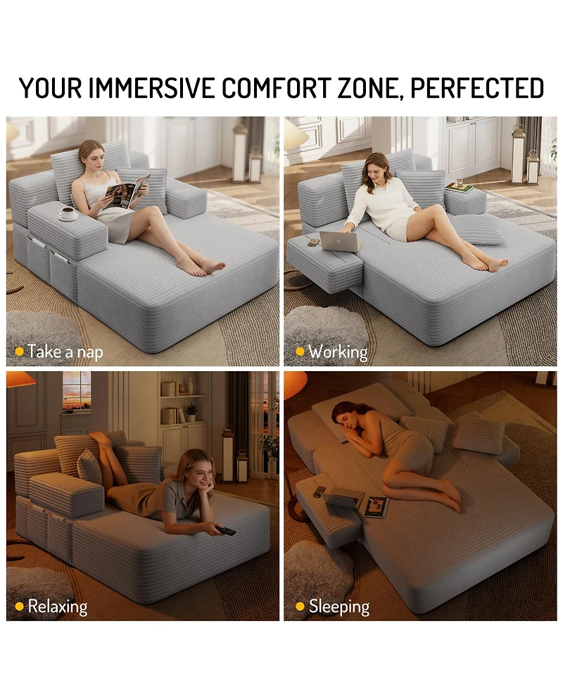 Rainsken Plush Corduroy Convertible Chaise Chair, Sofa Bed with Storage Pocket and 3 Pillows, Frameless Design and Compression Foam for Living Room